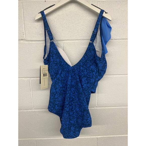 NWT Gottex Sz 14 Petrol Blue Mehndi V-Neck Ruffled Shoulder One Piece Swimsuit - Picture 6 of 7